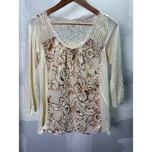 Meadow Rue Anthropologie Cream Burnout Velvet Floral 3/4 Sleeve Top Medium